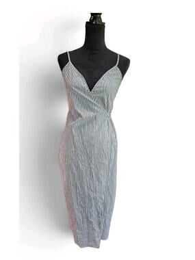 WAYF Gray/White Stripe V-Neck Wrap Nautical Dress Midi Cotton Sz XS Resortwear